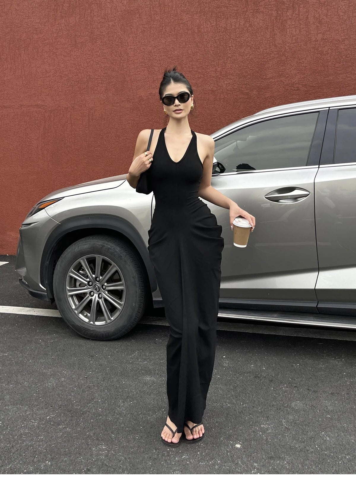 Spicy Girl V-neck Hanging Neck Sleeveless Dress Elegant Women's Summer New High Waist Slim Pleated Wrapped Hip Dresses ORPT