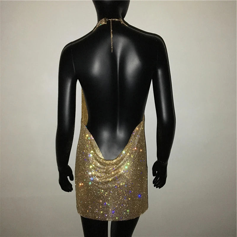 Bling Rhinestone Backless Dress Sexy Deep V Neck Sleeveless Side Split Halter Dress Nightclub Party Evening Dresses