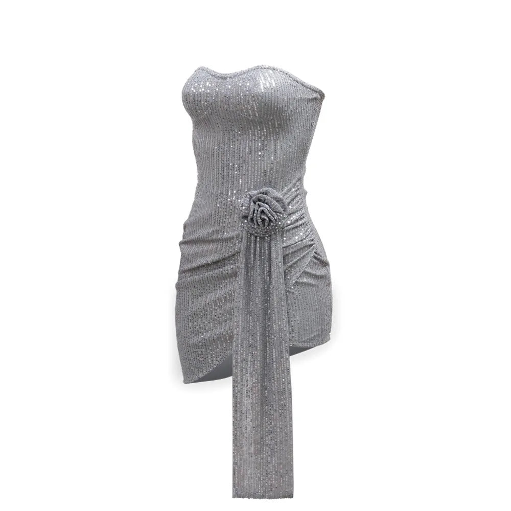 Strapless Sexy Sequin Dress Women Party Dresses Sleeveless Bodycon Vestidos Slim Night Club High Waist Knee Length Patchwork