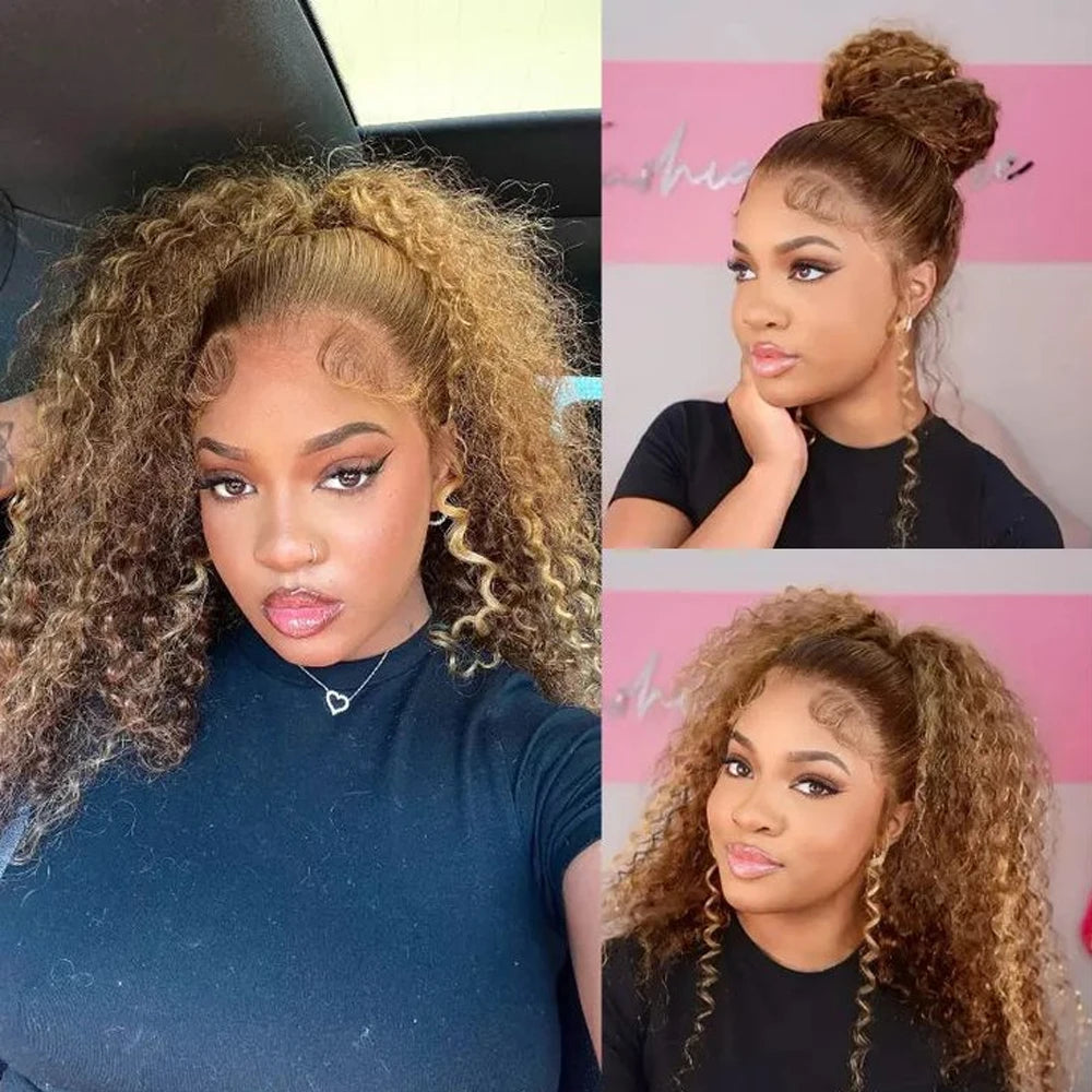 Deep Wave 30 Inch Invisible Strap 360 Full Lace Front Wig Honey Blonde Highlight Deep Curly Frontal Wig Glueless Wig Human Hair