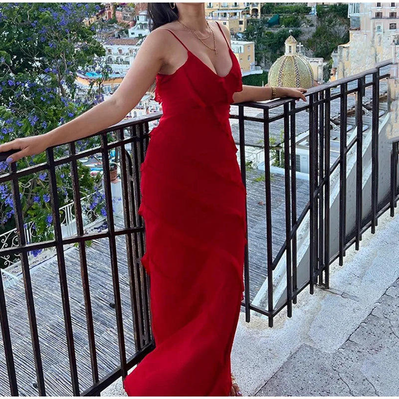 New 2025 Women's Ruffles Chiffon Maxi Dress Backlesss Split Sexy Porm Dress Red Long Summer Wedding Party Dress Elegant Vestidos