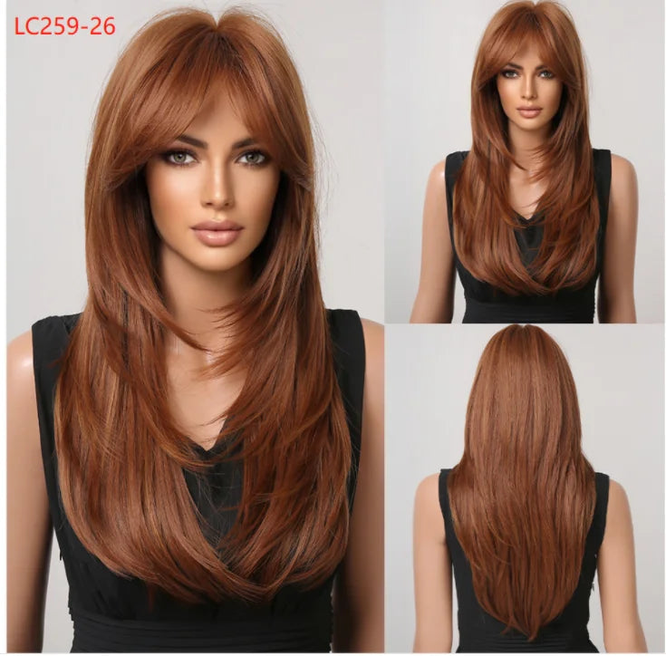 Element Synthetic Fiber Wigs for Women Long Straight Wavy Brown Blonde Wig with Bangs Heat Resistant Fashion Natural Daily Party