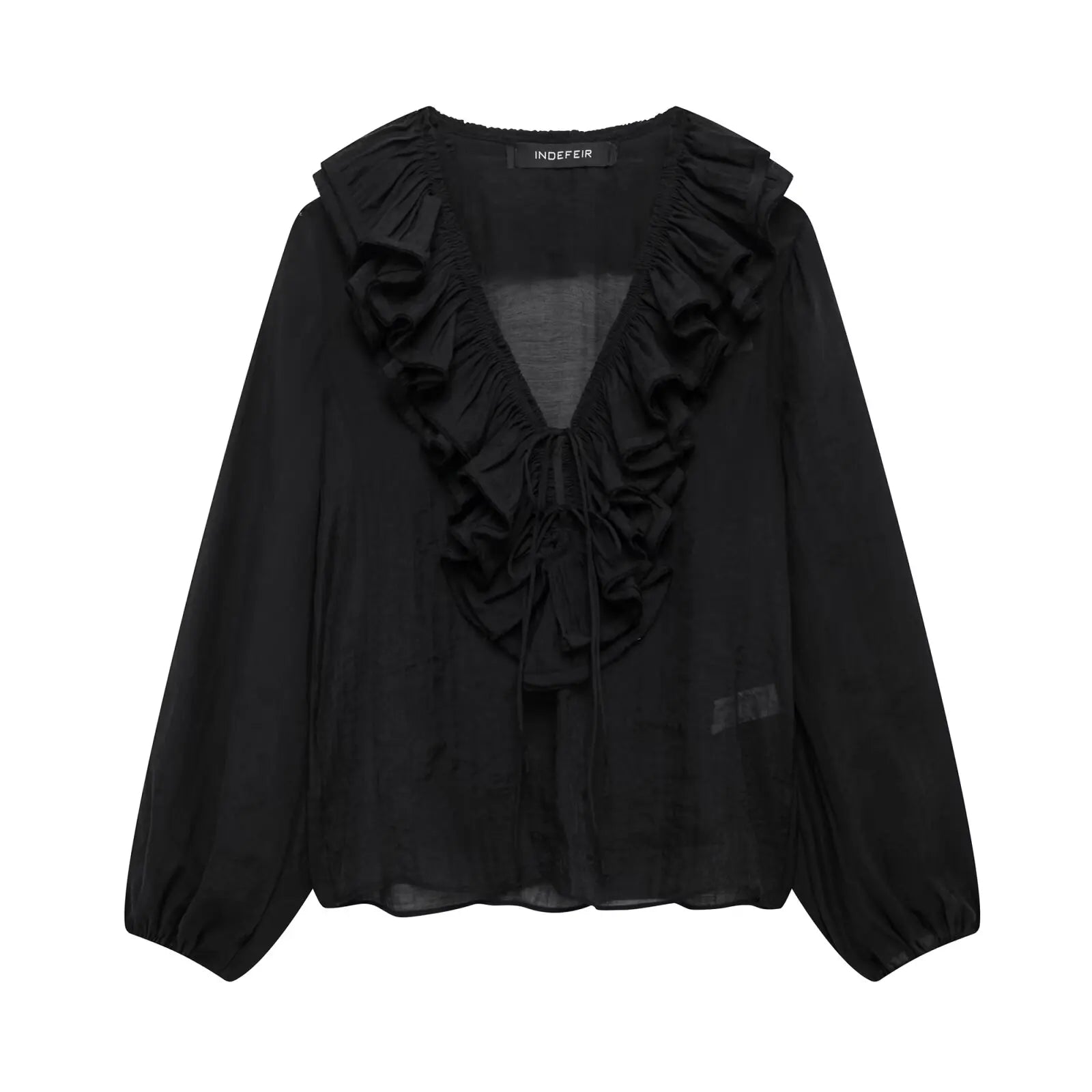 TRAFZA Elegant Women's Tierred Ruffles Blouses V-Neck Long Sleeve Loose Shirt Lady 2025 Spring Chic Lace-up Wild Woman Solid Top