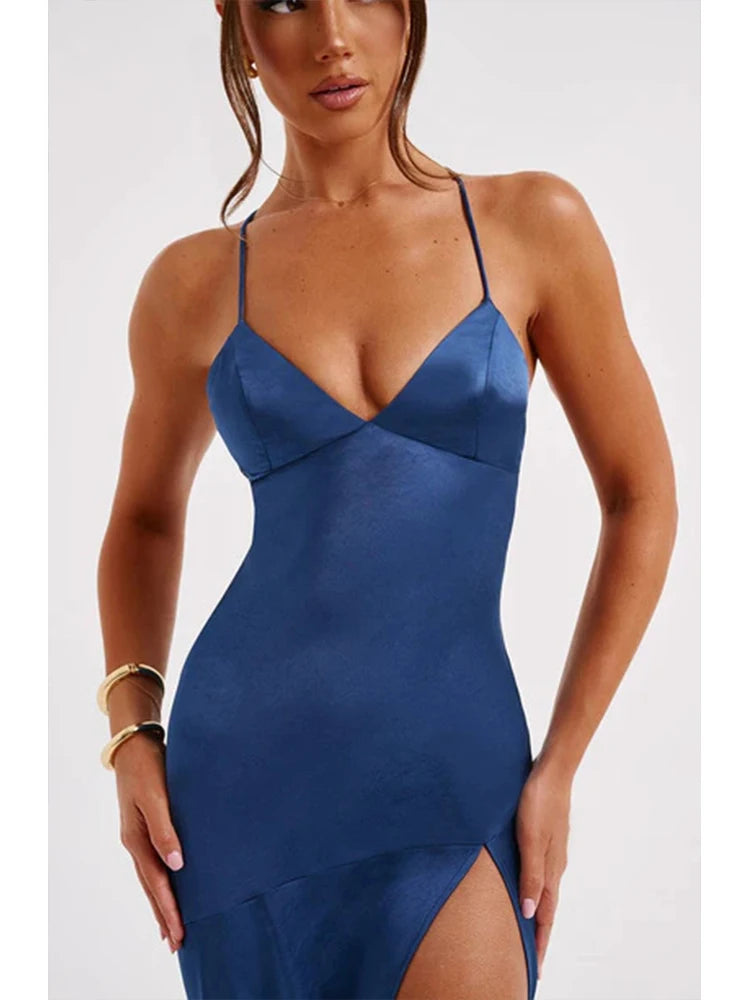 Bandage Backless Elegant Dress Split Hem Spaghetti Strap Slim Cocktail Party Club Fashion Satin Solid Lace-Up Long Dresses