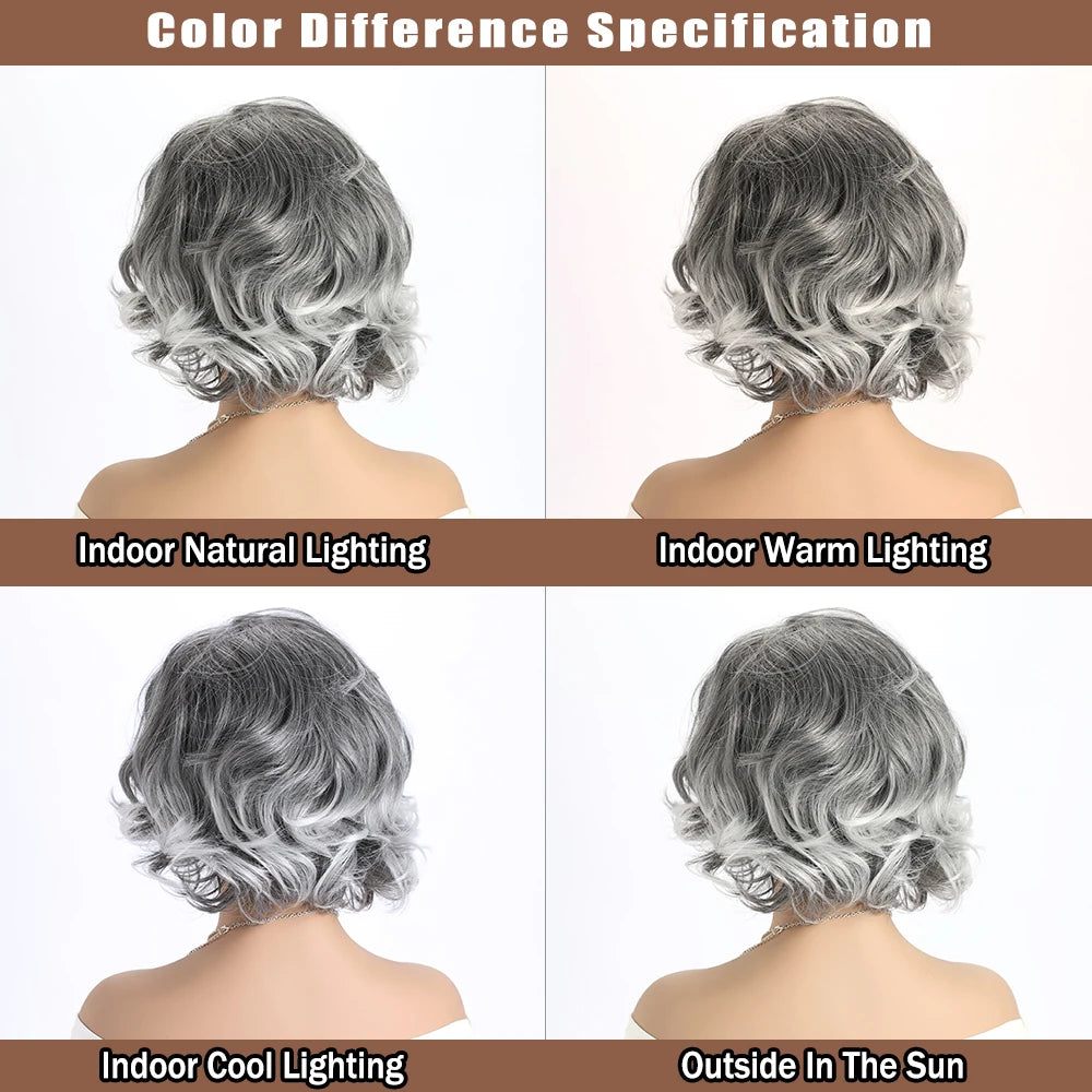 Short Natural Wigs with Bangs Soft Mommy Hair Daily Use Short  Grey Ombre Curly Synthetic Hair Costume Party Wig for Women
