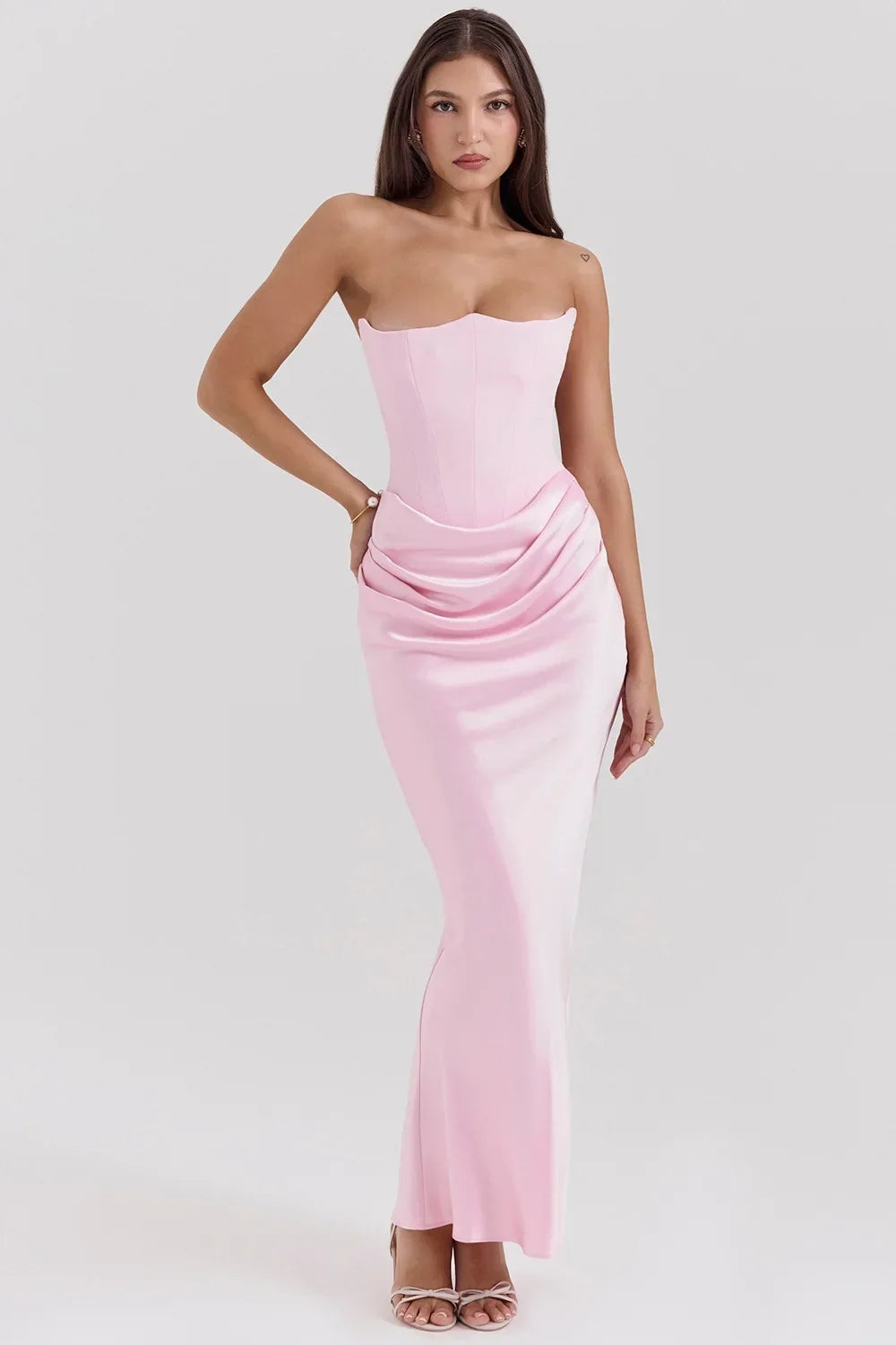 Mingmingxi 2025 Women's Evening Dress Strapless Pink Prom Party Dresses Sexy Satin Long Corset Dress Elegant Maxi Gala Dresses