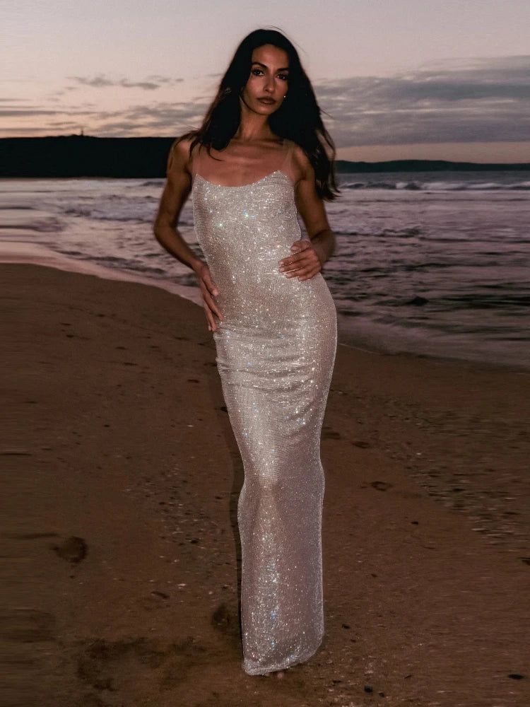 Sexy Square Collar Mesh Patchwork Diamonds Long Dress Women Backless Shiny Rhinestone Slim Dresses Evening Party Cocktail Gowns