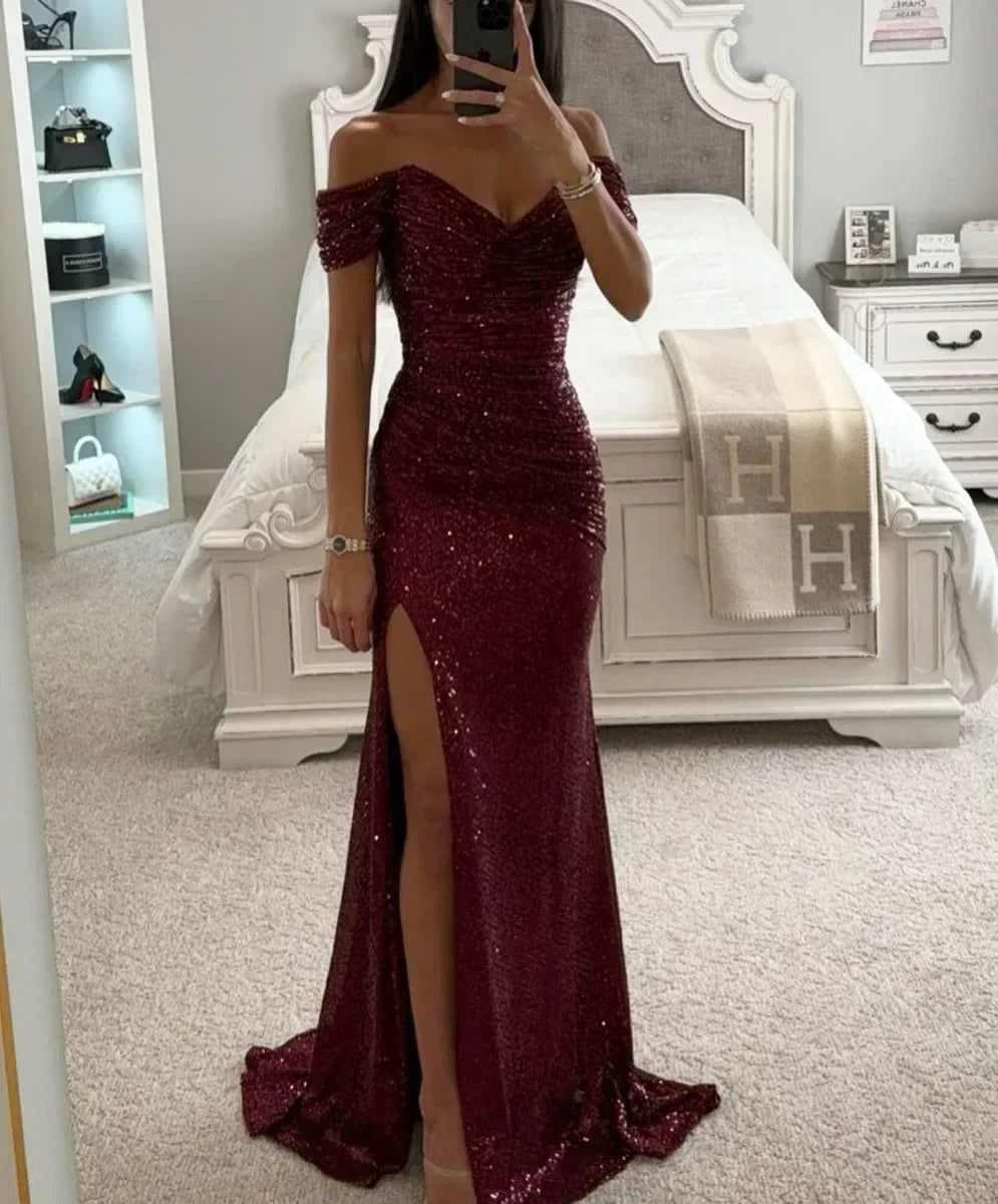 Womens Dresses New Party Sequin One Line Neckline Slit Dress Casual Fashion Dress for Women