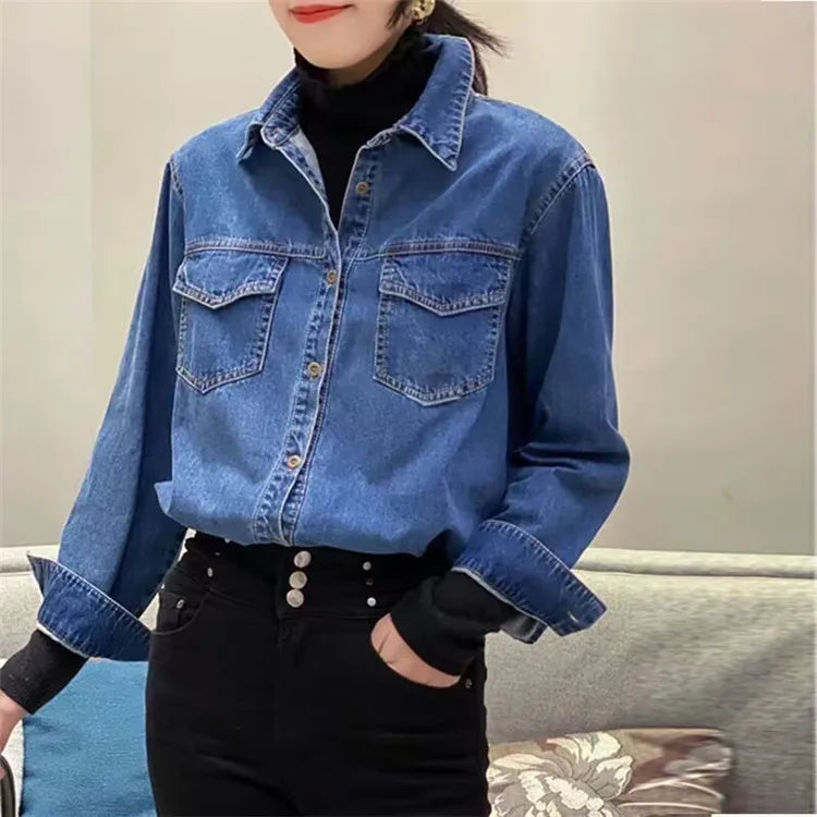 Retro Blue Shirt Denim Shirt for Women Autumn 2025 New Design Shirts Long Sleeved Solid Single Breasted Jeans Jacket for Women