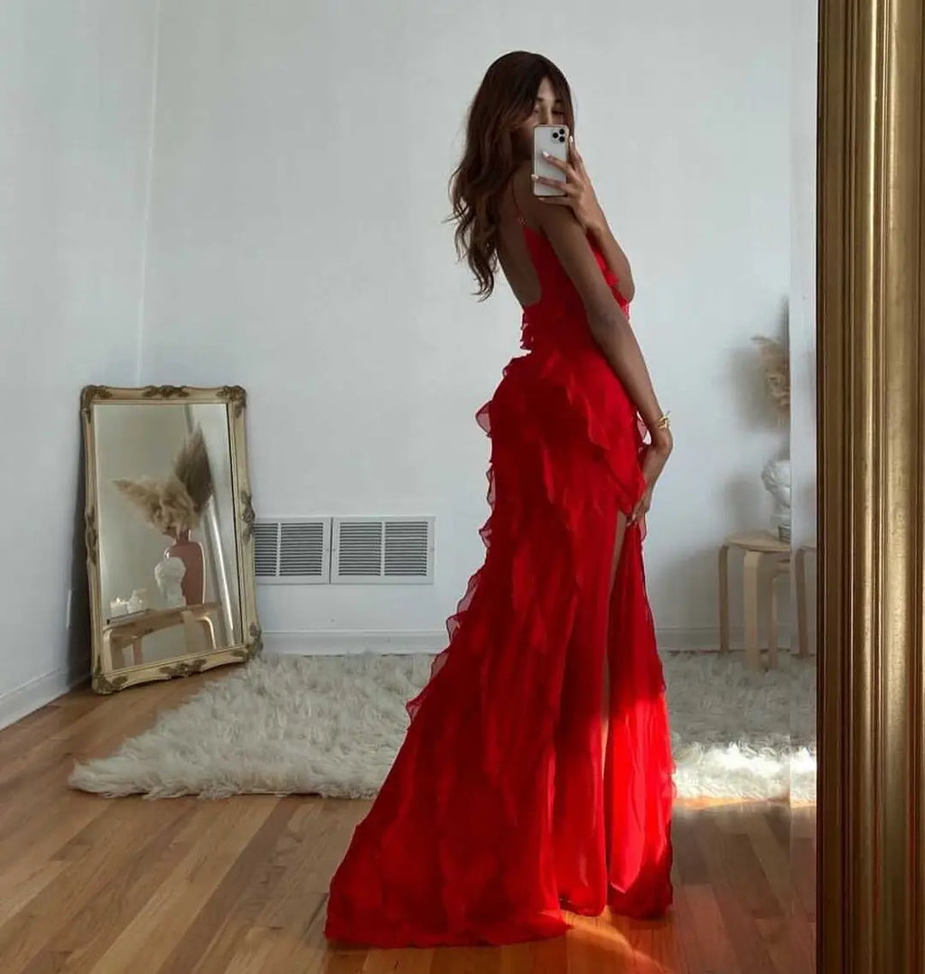 New 2025 Women's Ruffles Chiffon Maxi Dress Backlesss Split Sexy Porm Dress Red Long Summer Wedding Party Dress Elegant Vestidos