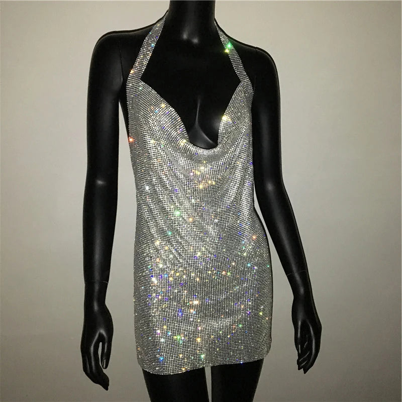 Bling Rhinestone Backless Dress Sexy Deep V Neck Sleeveless Side Split Halter Dress Nightclub Party Evening Dresses
