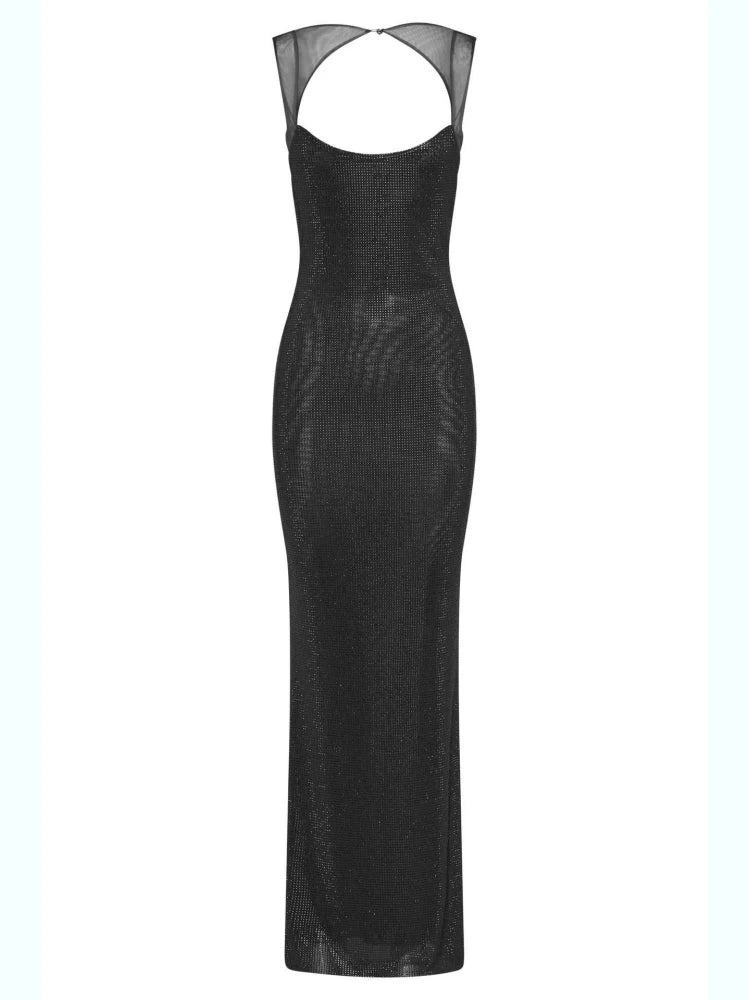 Sexy Square Collar Mesh Patchwork Diamonds Long Dress Women Backless Shiny Rhinestone Slim Dresses Evening Party Cocktail Gowns
