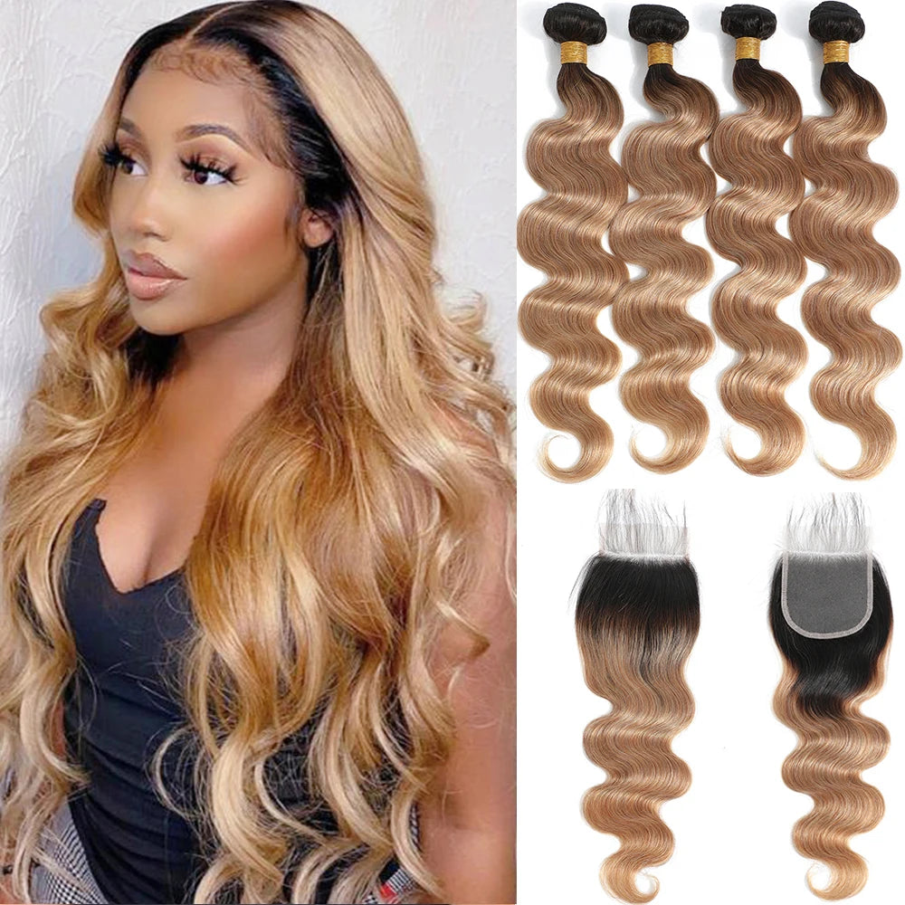 #27 Honey Blonde Human Hair Bundles with Closure Body Wave Bundles Hair With 4x4 Closure Brazilian Hair Weave Bundles Hair Remy