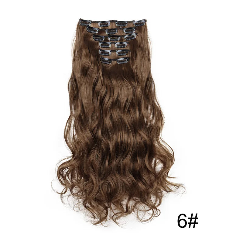 16Clips Synthetic 24Inch Long Curly Hair Hairpiece Heat Resistant Hair Extension Clips In Black Brown Blonde for Women