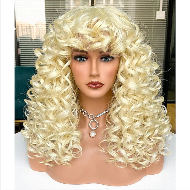 HAIRJOY Long Curly Wavy Blonde Wigs for Women  Cosplay Synthetic  Wig Heat Resistant Fiber Replacement Wig Halloween Party Wigs