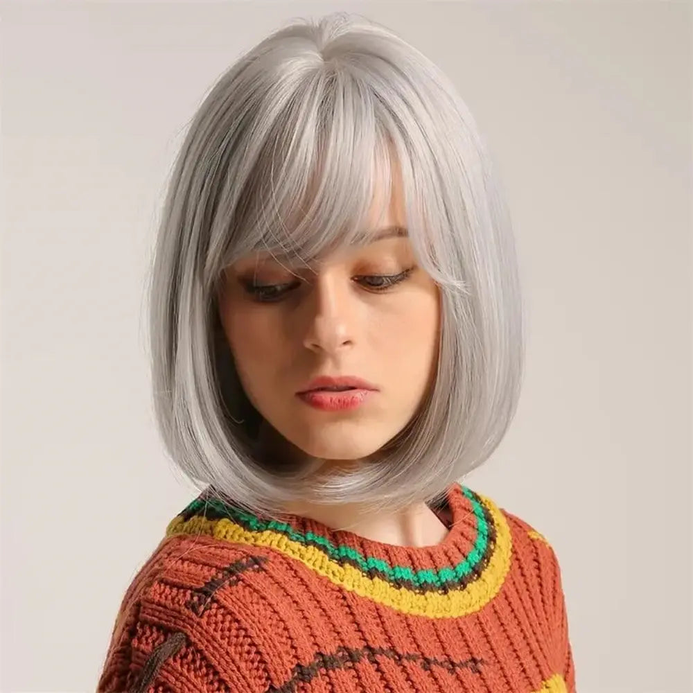 8 Inch Cute Party Grey Short Straight Synthetic Wig For Women Fashion Natural Looking Hair Replacement Wigs For Party Cosplay Ha
