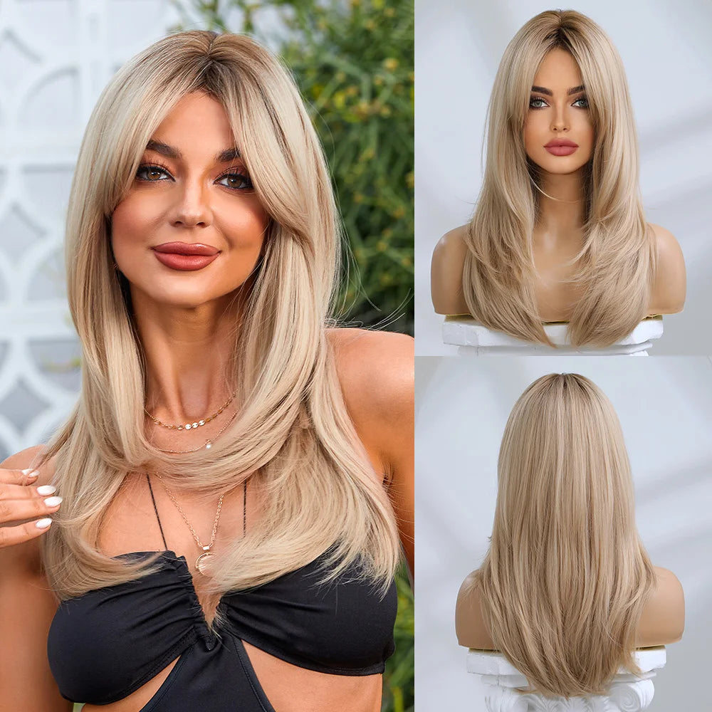Element Synthetic Fiber Wigs for Women Long Straight Wavy Brown Blonde Wig with Bangs Heat Resistant Fashion Natural Daily Party