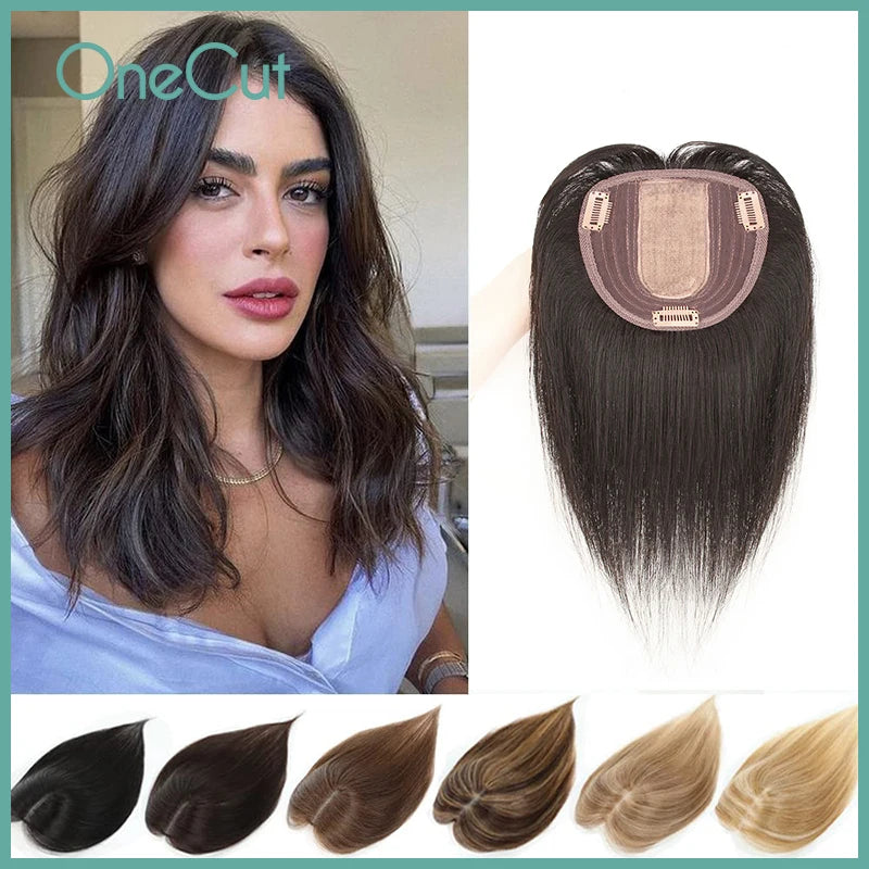 Silk Top Base Swiss Lace Clip In Topper Straight Women Toupee With Bangs Breathable And Soft Real Human Hairpiece Blonde Color