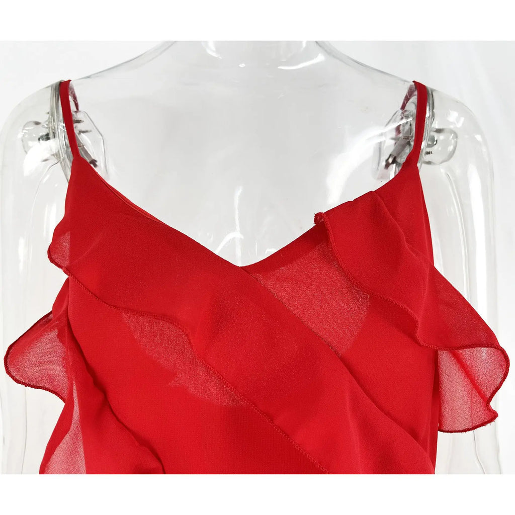 New 2025 Women's Ruffles Chiffon Maxi Dress Backlesss Split Sexy Porm Dress Red Long Summer Wedding Party Dress Elegant Vestidos