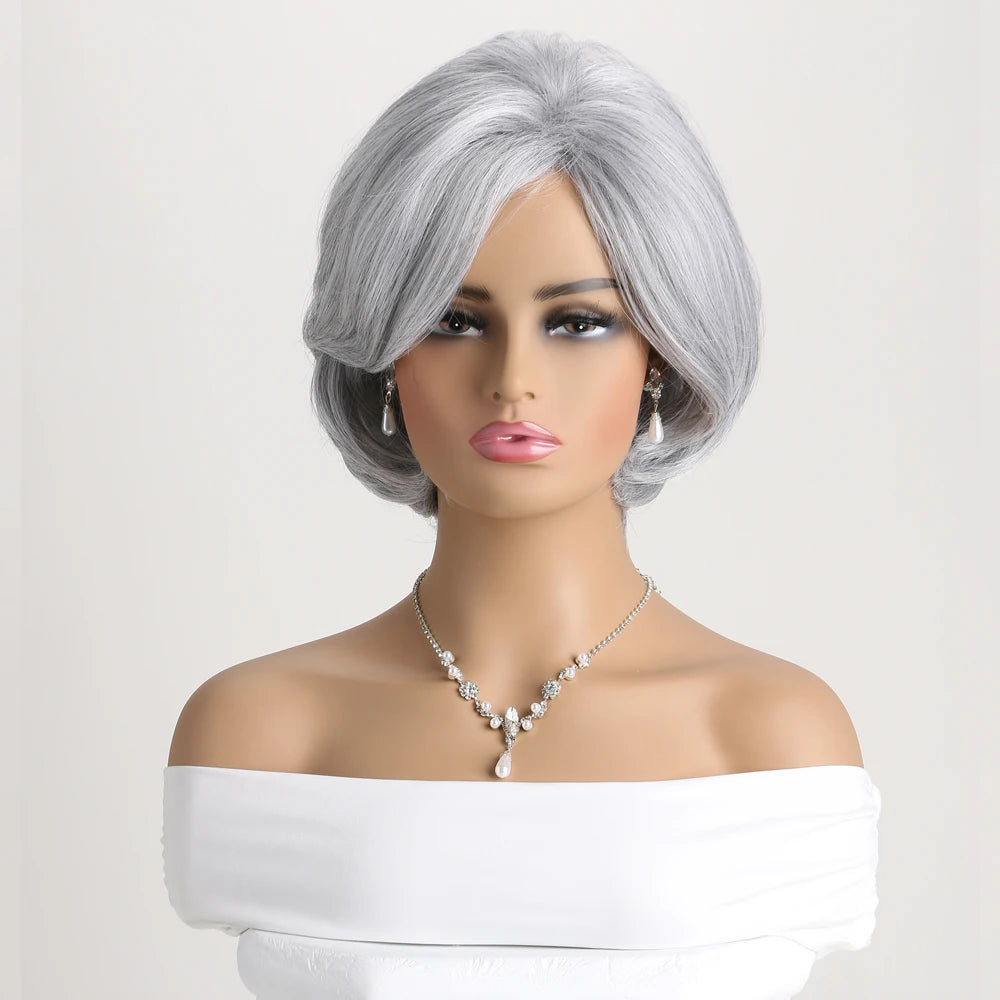 Short Natural Wigs with Bangs Soft Mommy Hair Daily Use Short  Grey Ombre Curly Synthetic Hair Costume Party Wig for Women