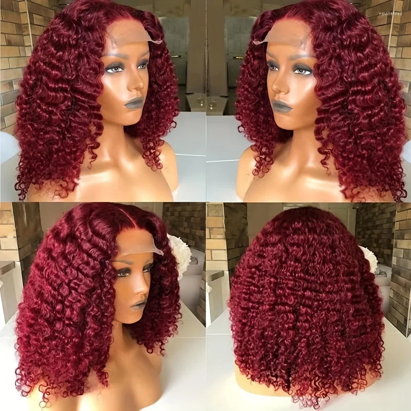Burgundy 99J Deep Wave Short Bob Wigs 100% Human Hair Wig Water Curly Wig Baby Hair 13x4 Lace Front Human Hair Bob Wig For Women