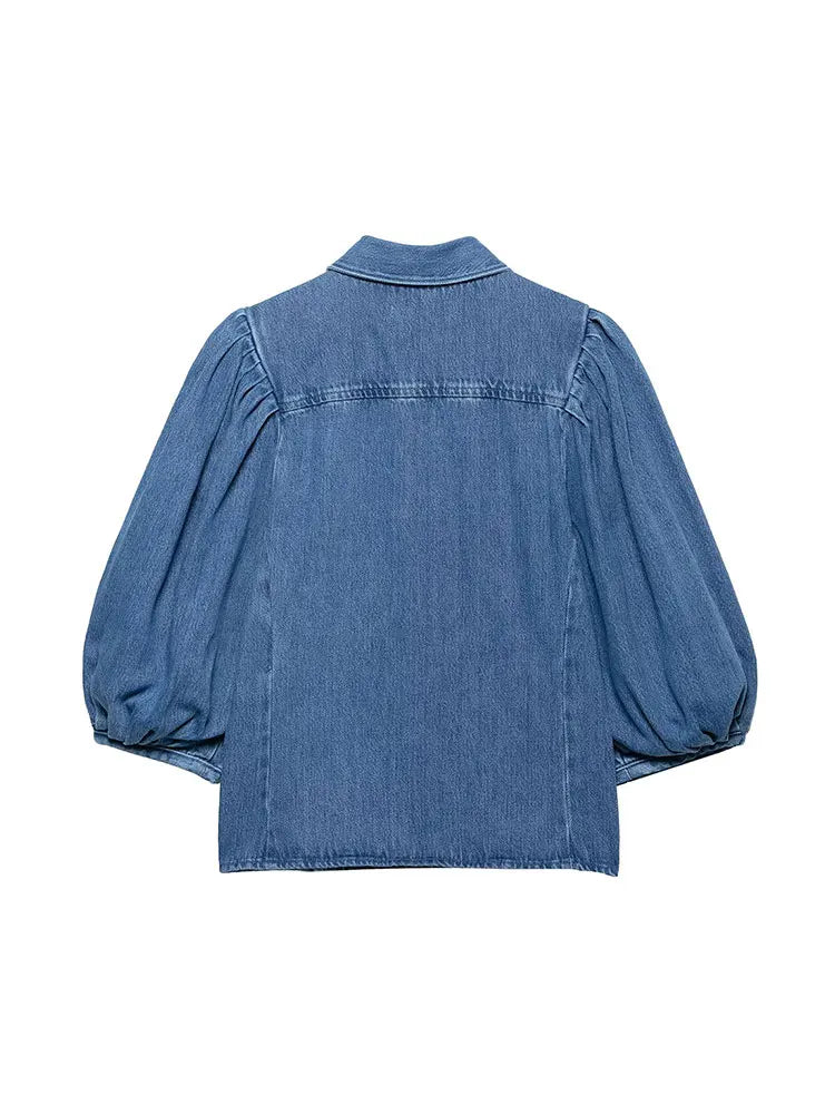 TRAFNLZGMSJ 2025 Spring Summer Casual Women's Denim Blouse Collar Single Breasted Loose Blouse New Fashion Shirts