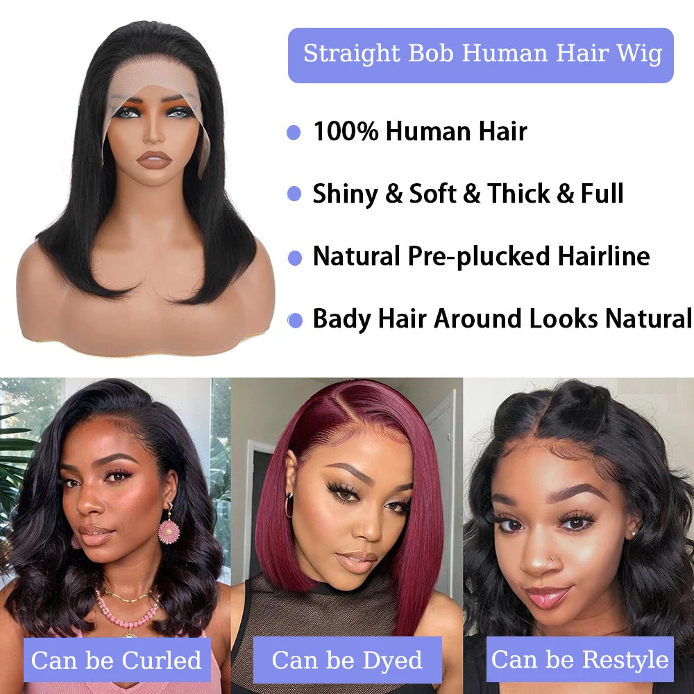 Vietnamese Bone Straight Bob Human Hair Short Wig Hair 13x4 Lace Frontal Bob Wig 100% Human Hair Preplucked Wig 12 14 inch 200%