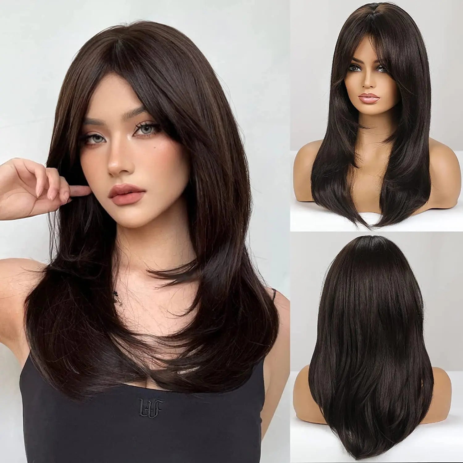 Long Straight Layered Synthetic Wig Blonde Platinum Highlight Wig with Bangs Daily Use Natural Hair Heat Resistant Wig for Women