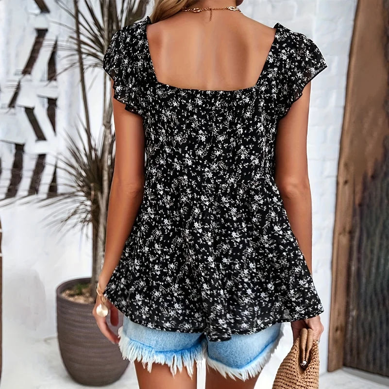 Plus Size Women's Shirts, Floral Print Square Collar Layered Shirts, Loose Fit, Suitable for Work Clothing and Vacation