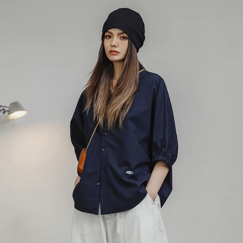 Maden 3/4-sleeved Shirt for Women Loose Blouse Batwing Sleeve Casual Breathable Stand Collar Tops Spring and Summer Blue Shirt
