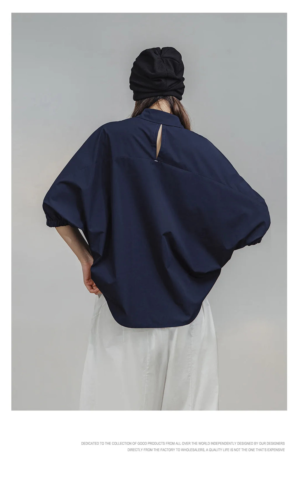 Maden 3/4-sleeved Shirt for Women Loose Blouse Batwing Sleeve Casual Breathable Stand Collar Tops Spring and Summer Blue Shirt