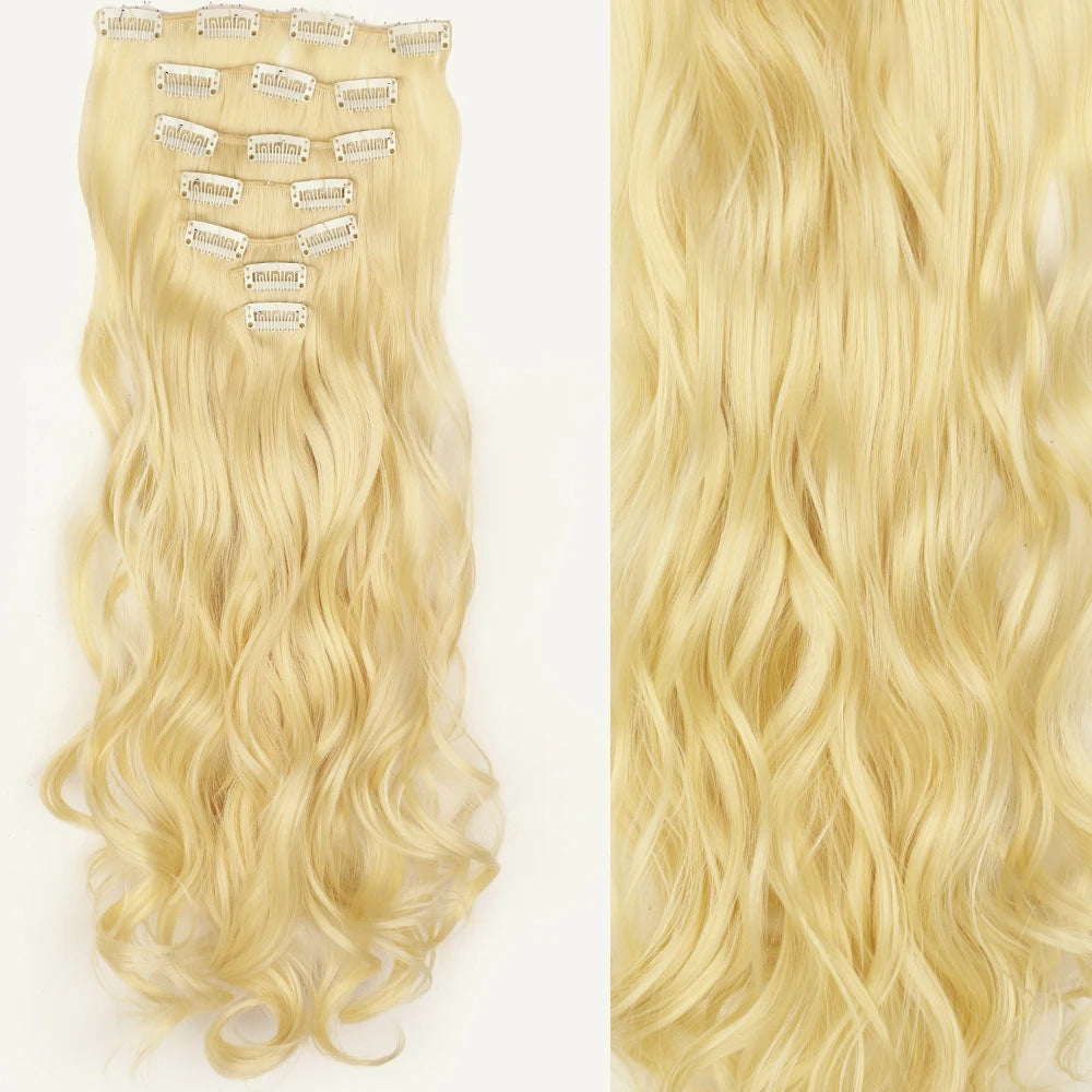 Long Straight Hairstyle 16 Clips 7Pcs/Set Hair Extensions Natural Synthetic Blonde Black Hairpieces Heat Resistant For Women