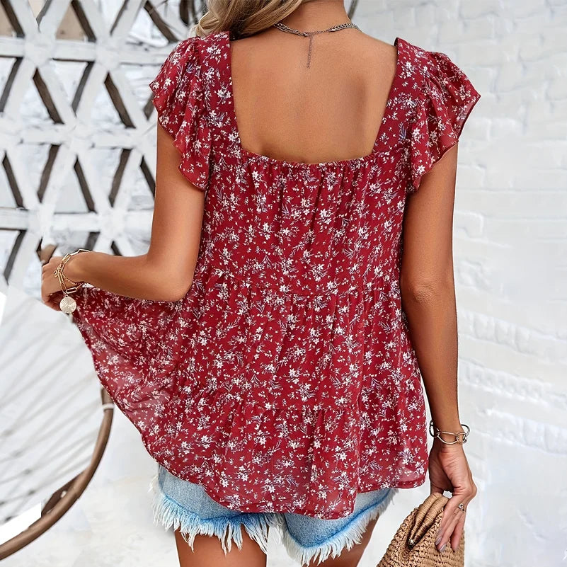 Plus Size Women's Shirts, Floral Print Square Collar Layered Shirts, Loose Fit, Suitable for Work Clothing and Vacation