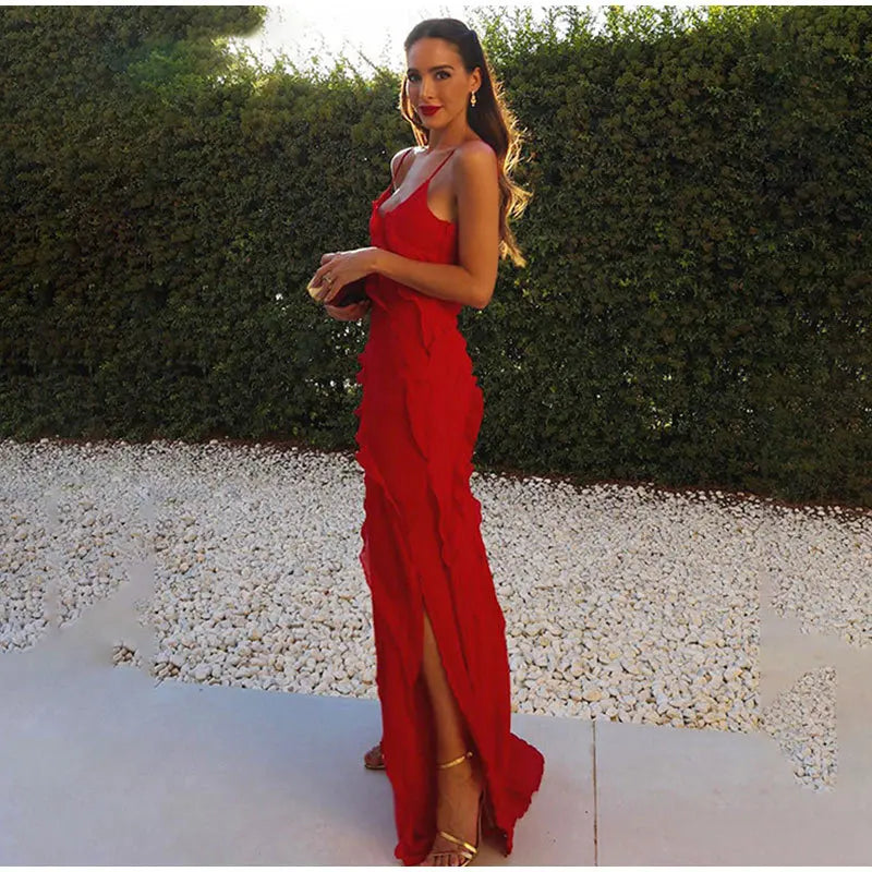 New 2025 Women's Ruffles Chiffon Maxi Dress Backlesss Split Sexy Porm Dress Red Long Summer Wedding Party Dress Elegant Vestidos