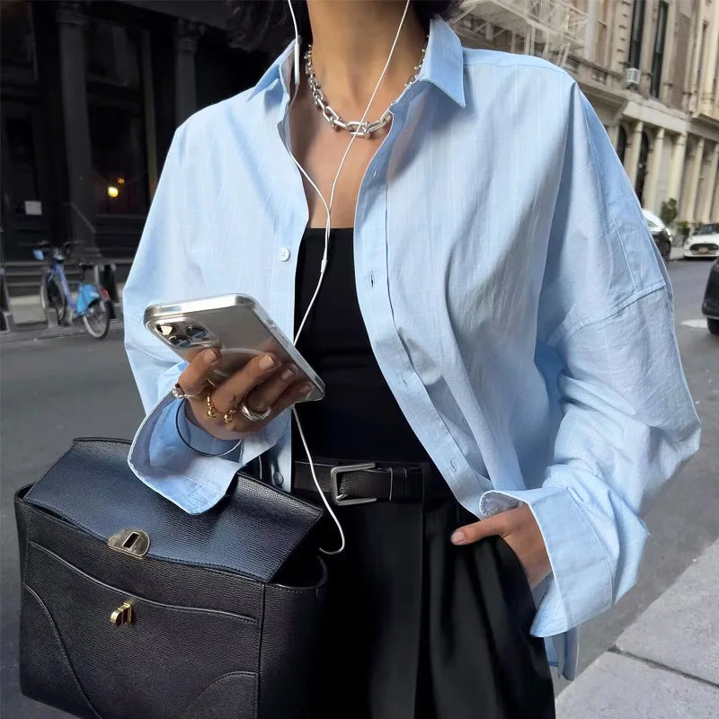 HXAO 2025 Shirts Blouses New Long Striped Shirt Women Long Sleeve Casual Shirts Large Tops Summer Plain Button Up Shirts 088
