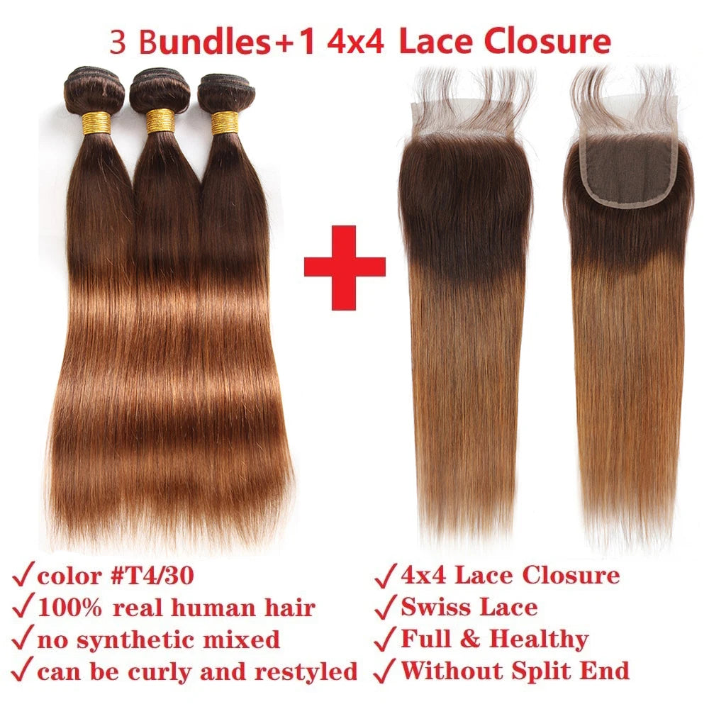 Ombre Bundles With Closure Brazilian Hair Weave Bundles With Closure Brown T4/30 Colored Human Hair Bundles With Closure
