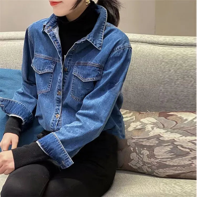 Retro Blue Shirt Denim Shirt for Women Autumn 2025 New Design Shirts Long Sleeved Solid Single Breasted Jeans Jacket for Women