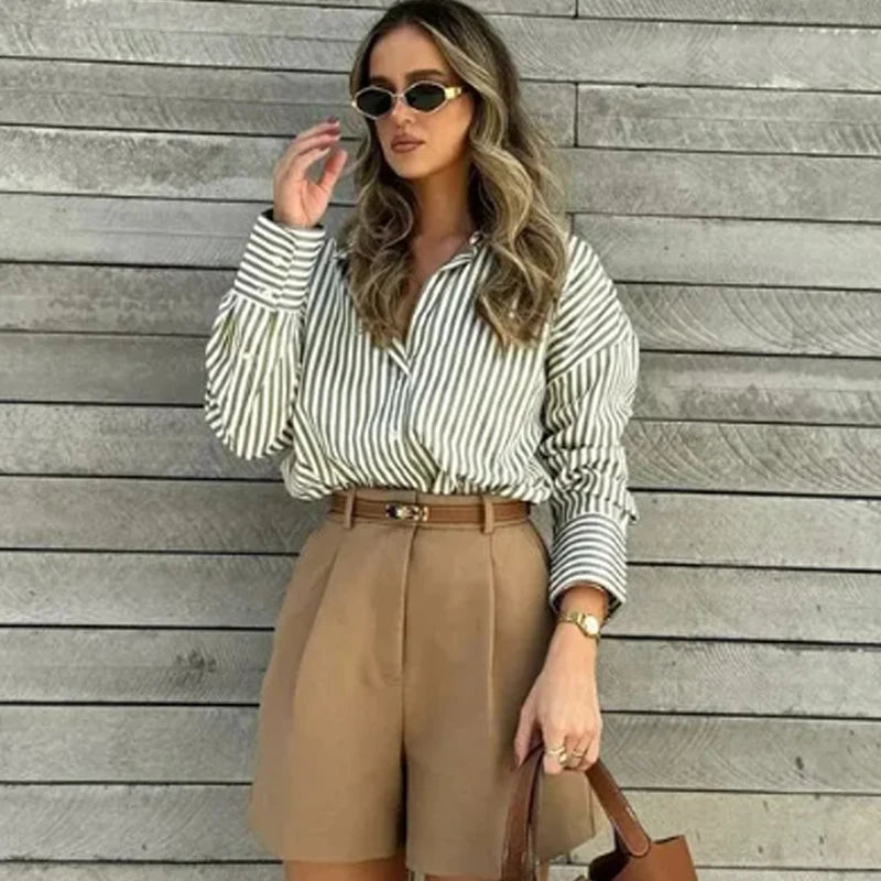 HXAO 2025 Shirts Blouses New Long Striped Shirt Women Long Sleeve Casual Shirts Large Tops Summer Plain Button Up Shirts 088