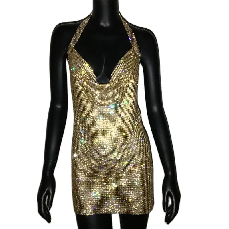 Bling Rhinestone Backless Dress Sexy Deep V Neck Sleeveless Side Split Halter Dress Nightclub Party Evening Dresses