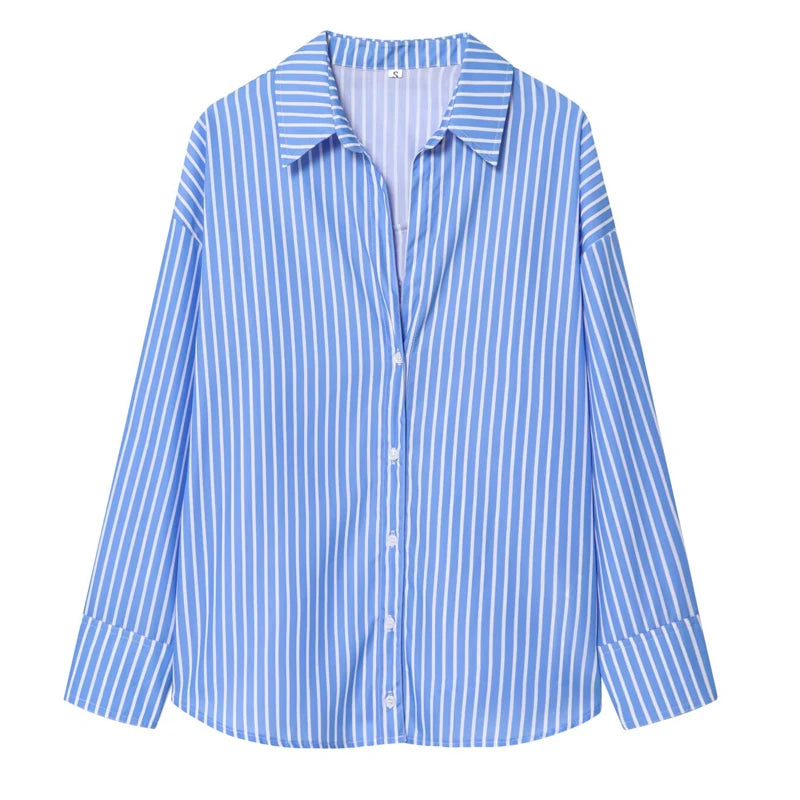 HXAO 2025 Shirts Blouses New Long Striped Shirt Women Long Sleeve Casual Shirts Large Tops Summer Plain Button Up Shirts 088