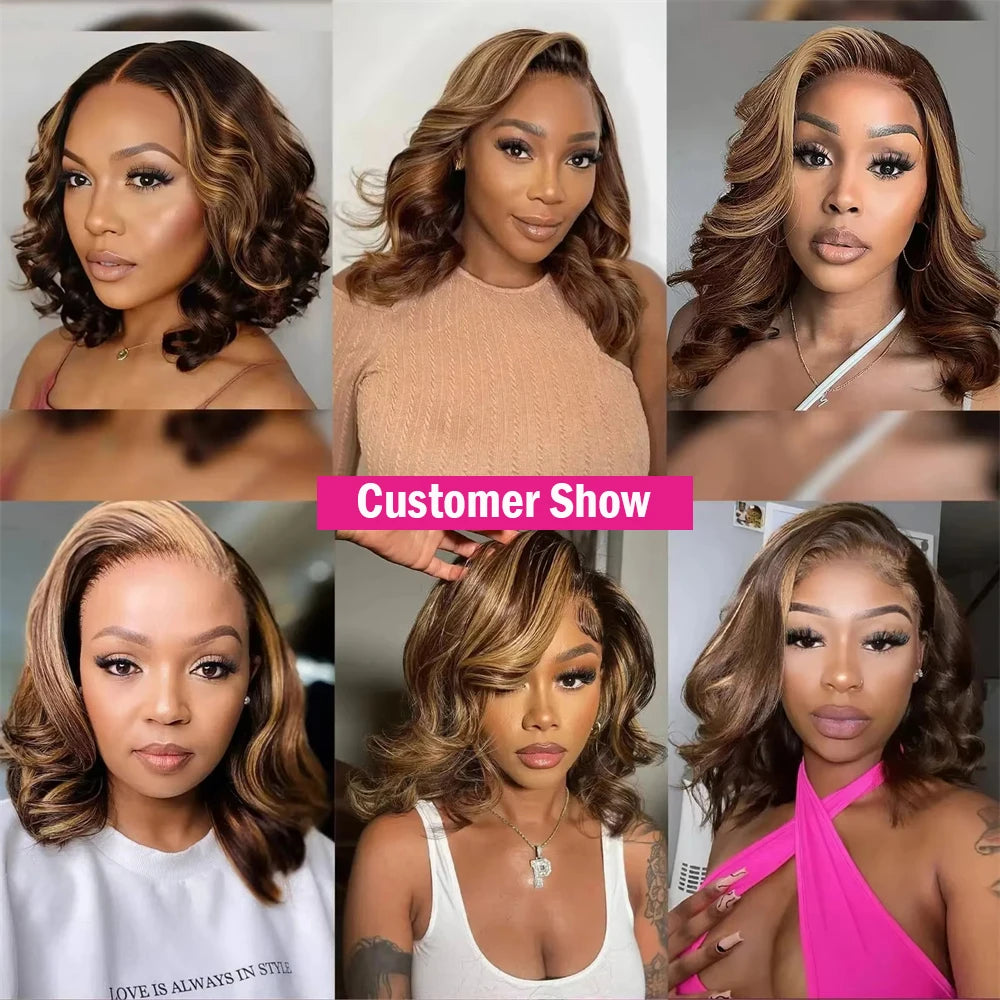 Body Wave 4/27 Color Short Bob Wig Ombre Blonde 13x4 Lace Frontal Wig Highlight Brown Mix Blonde 100% Human Hair Preplucked Bob