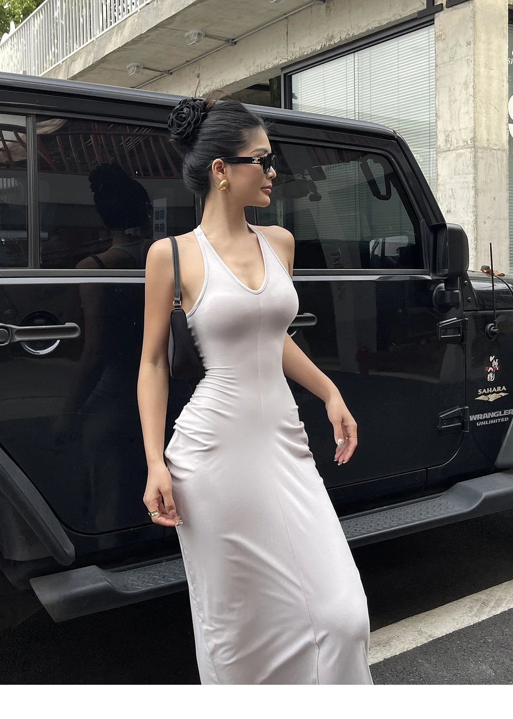 Spicy Girl V-neck Hanging Neck Sleeveless Dress Elegant Women's Summer New High Waist Slim Pleated Wrapped Hip Dresses ORPT