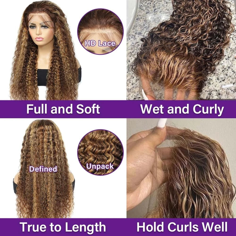 Deep Wave 30 Inch Invisible Strap 360 Full Lace Front Wig Honey Blonde Highlight Deep Curly Frontal Wig Glueless Wig Human Hair