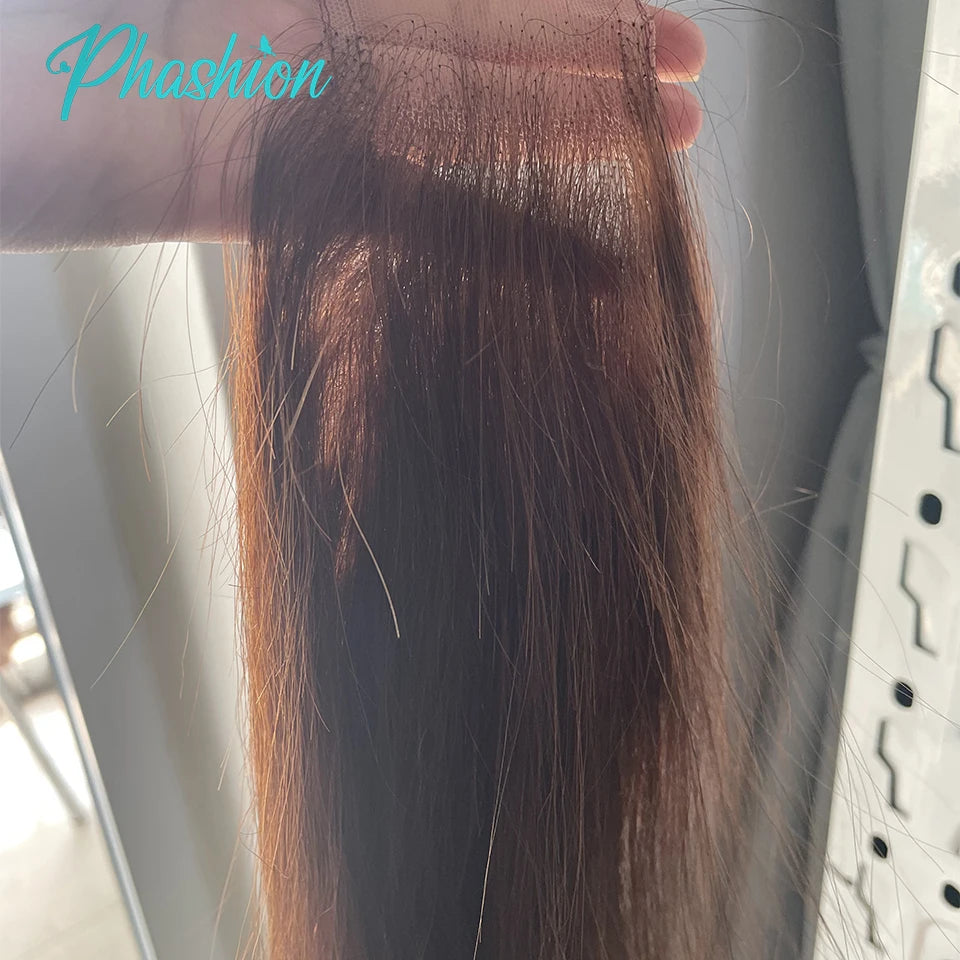 Phashion #4 Chocolate Brown  Straight Bundles Weave With 2x6 Lace Closure Human Hair Colored 100% Remy Brazilian Hair Extensions