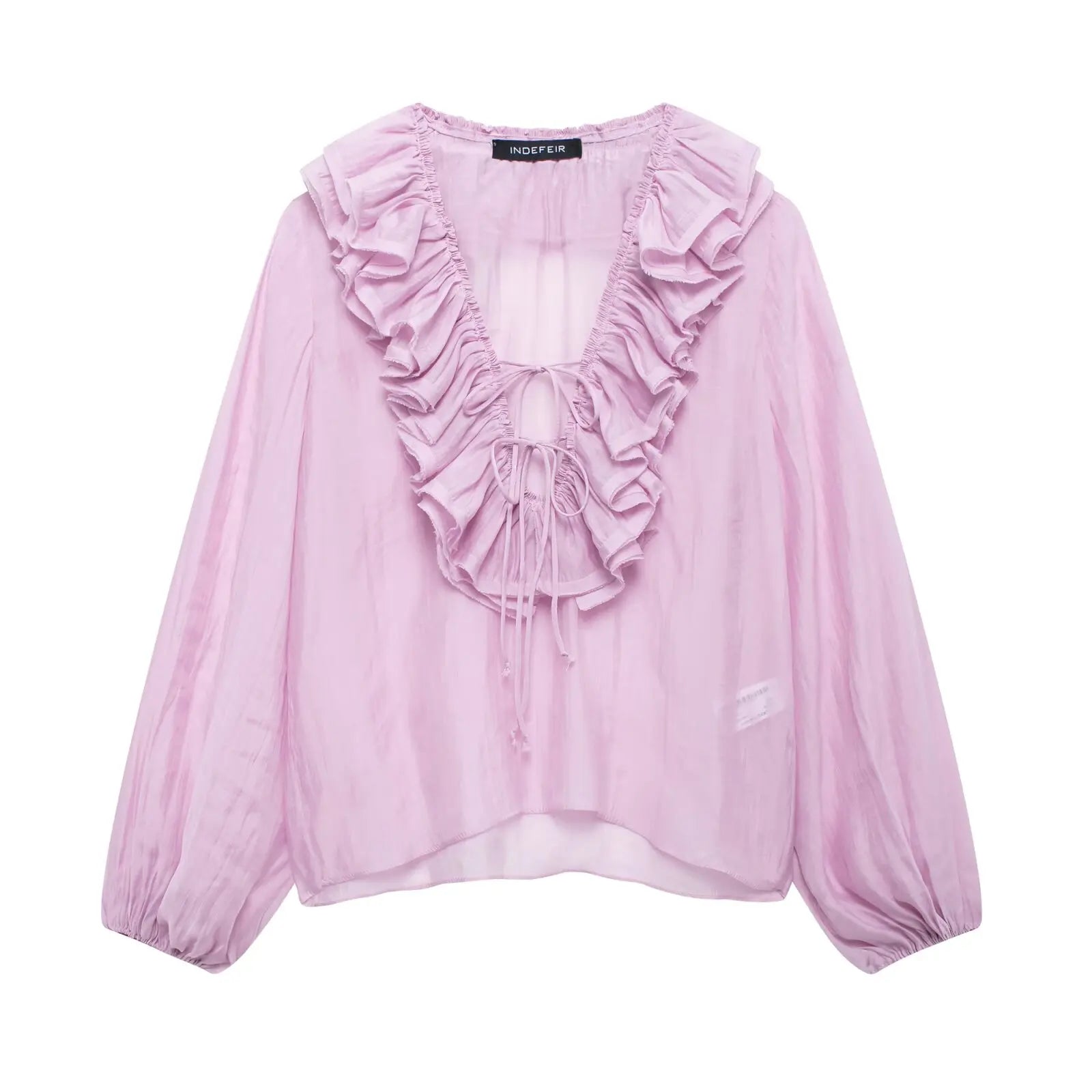 TRAFZA Elegant Women's Tierred Ruffles Blouses V-Neck Long Sleeve Loose Shirt Lady 2025 Spring Chic Lace-up Wild Woman Solid Top