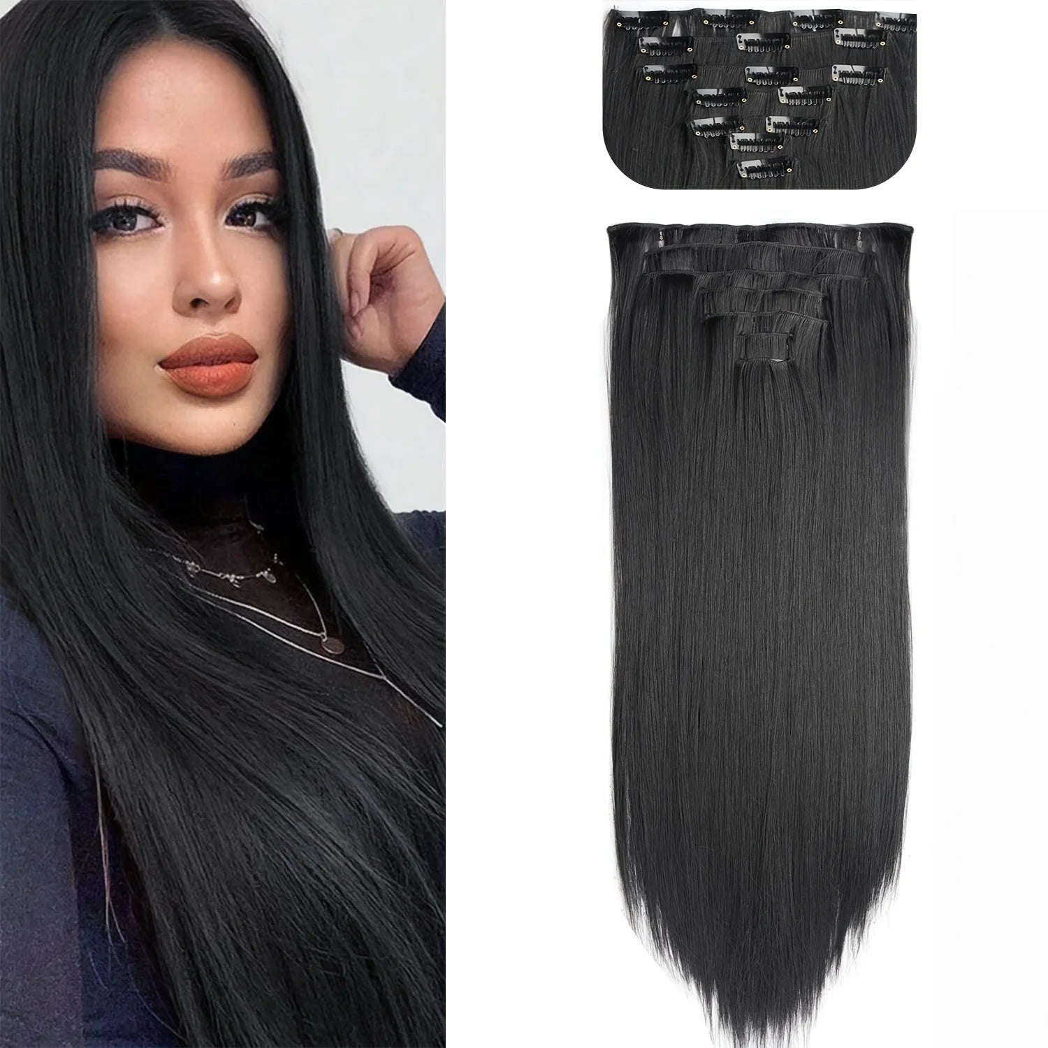 Long Straight Hairstyle 16 Clips 7Pcs/Set Hair Extensions Natural Synthetic Blonde Black Hairpieces Heat Resistant For Women