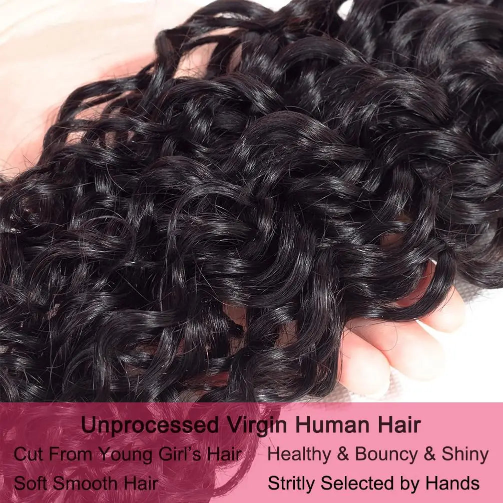 Human Hair Bundles Natural Black Water Wave Brazilian Human Hair Weave Bundles Virgin Hair 10-30 inches with Closure