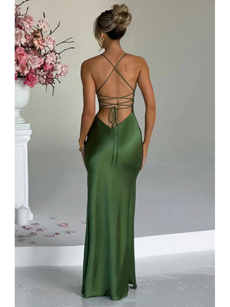 Bandage Backless Elegant Dress Split Hem Spaghetti Strap Slim Cocktail Party Club Fashion Satin Solid Lace-Up Long Dresses