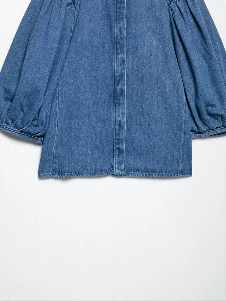 TRAFNLZGMSJ 2025 Spring Summer Casual Women's Denim Blouse Collar Single Breasted Loose Blouse New Fashion Shirts