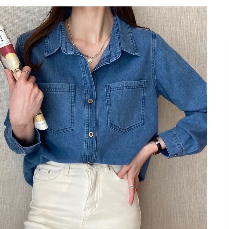 Retro Blue Shirt Denim Shirt for Women Autumn 2025 New Design Shirts Long Sleeved Solid Single Breasted Jeans Jacket for Women